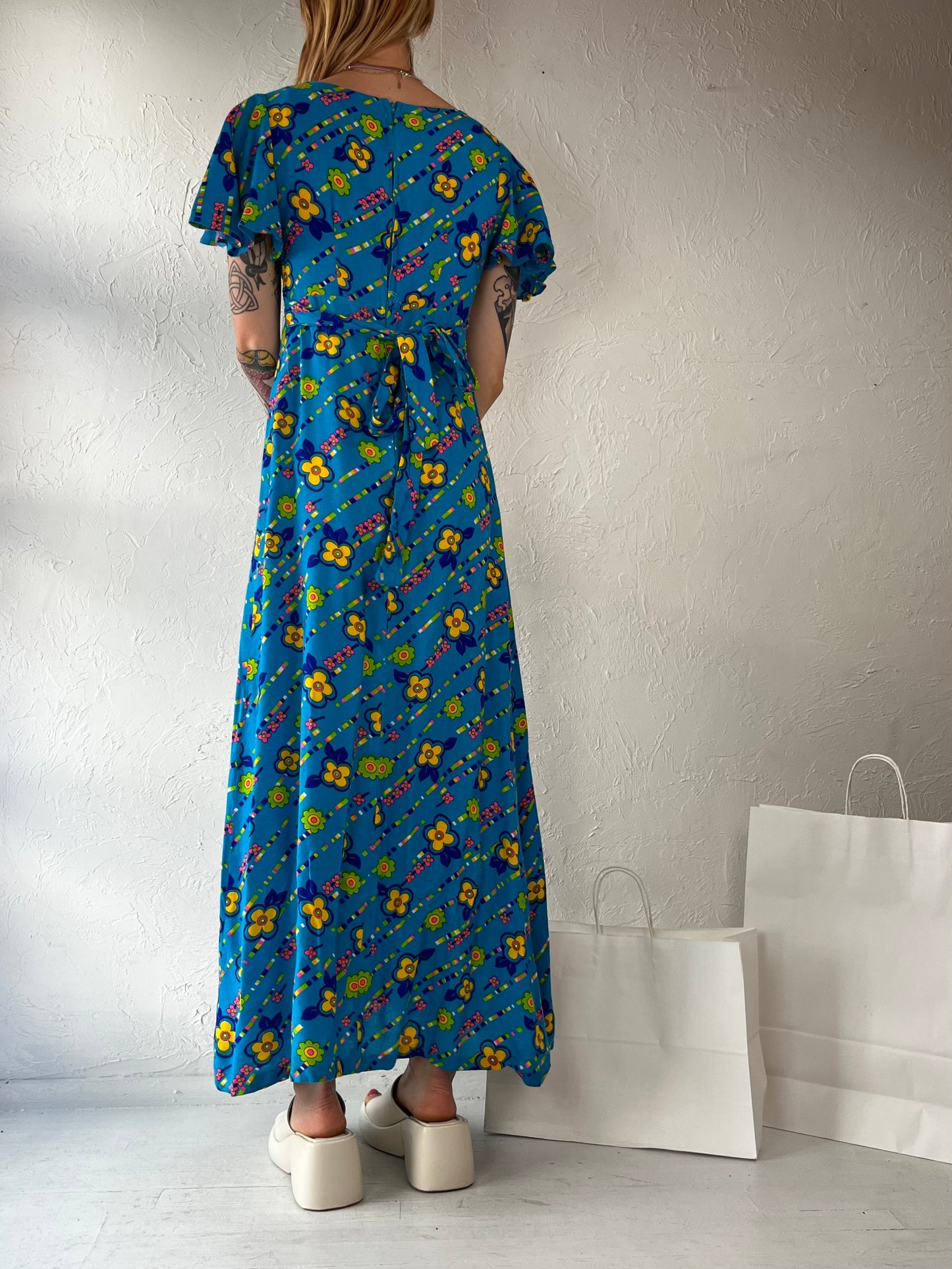 70s Handmade Blue Floral Day Dress / Small