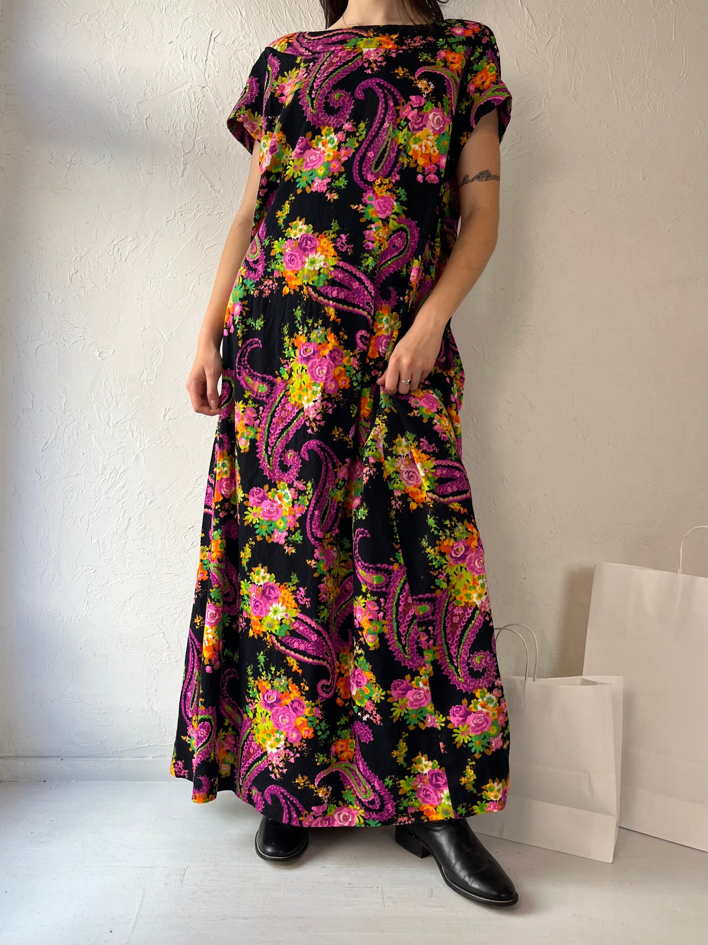 70s Handmade Black Floral Print Mumu Maxi Dress / Medium