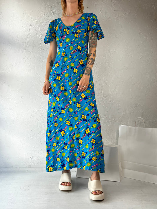 70s Handmade Blue Floral Day Dress / Small