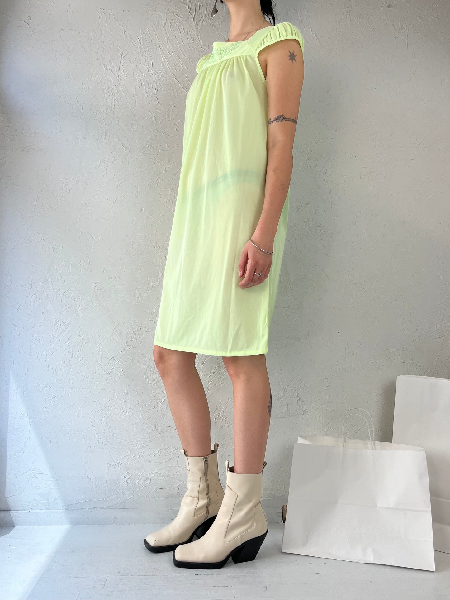 90s Lime Green Sheer Mesh Mini Dress / Small