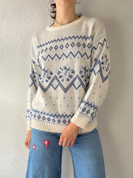 90s Blue and White Knit Ski Sweater / Medium