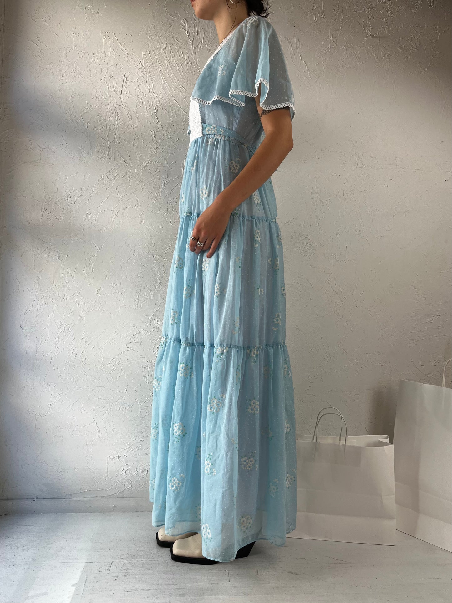 70s Blue Floral Peasant Prairie Dress / Small