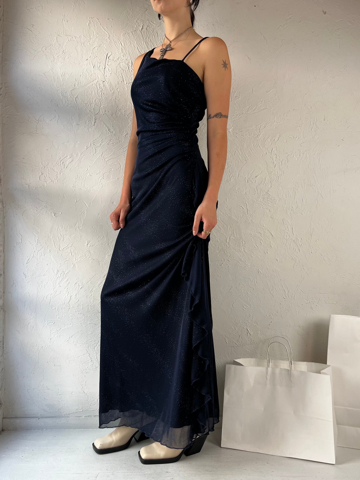 90s 'Jessica' Navy Blue One Shoulder Sparkly Evening Gown / Small - Medium