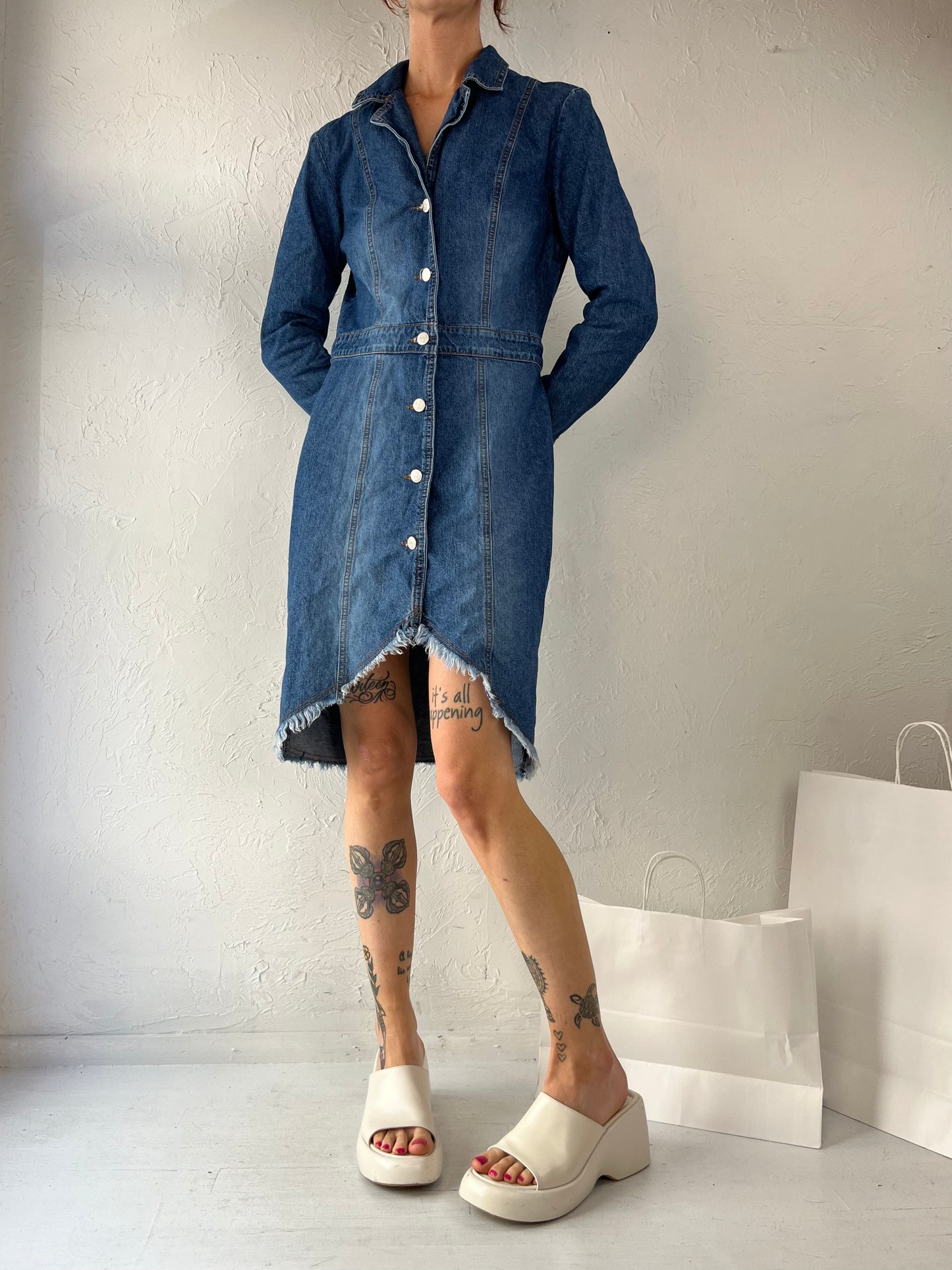 Y2k 'Paris Blues' Denim Button Up Dress / Medium