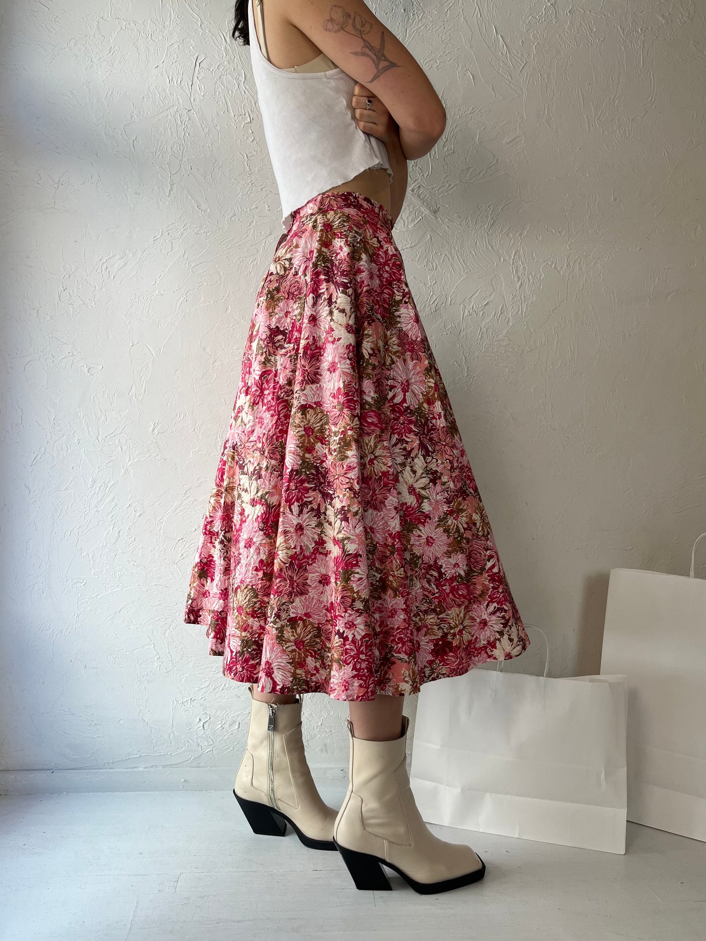 60s Handmade Pink Floral A Line Midi Skirt / Small