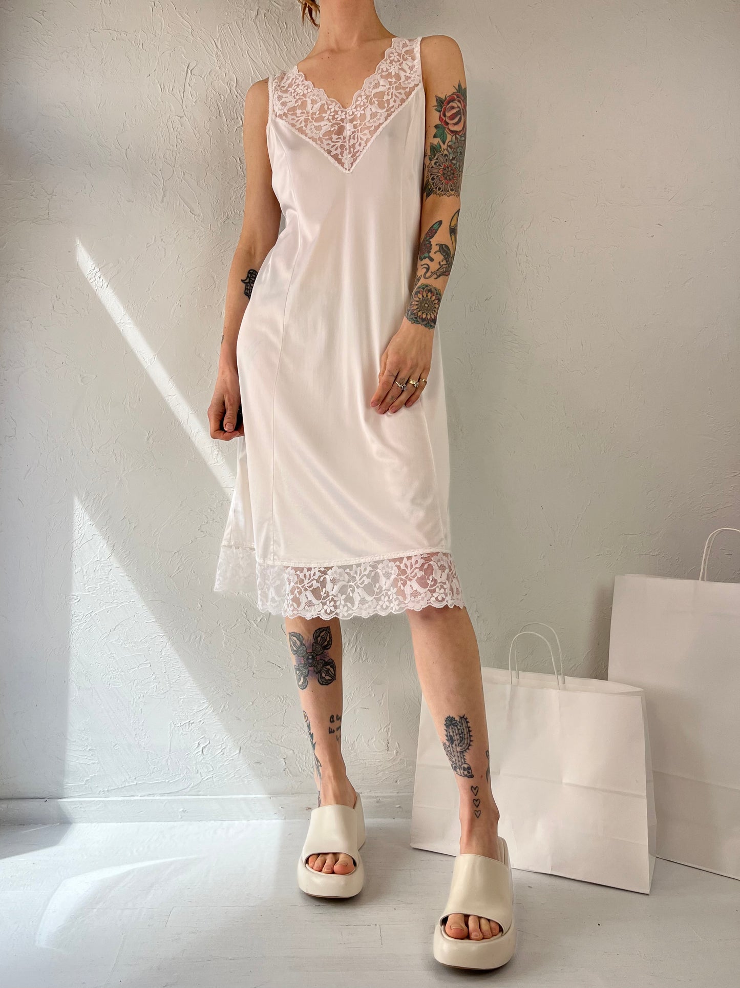 80s 'Mode Avon' White Lacey Nylon Slip Dress / Medium