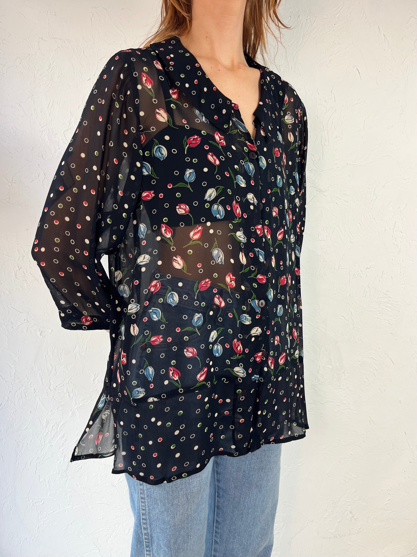 90s 'April Cornell' Black Sheer Rayon Blouse / Medium