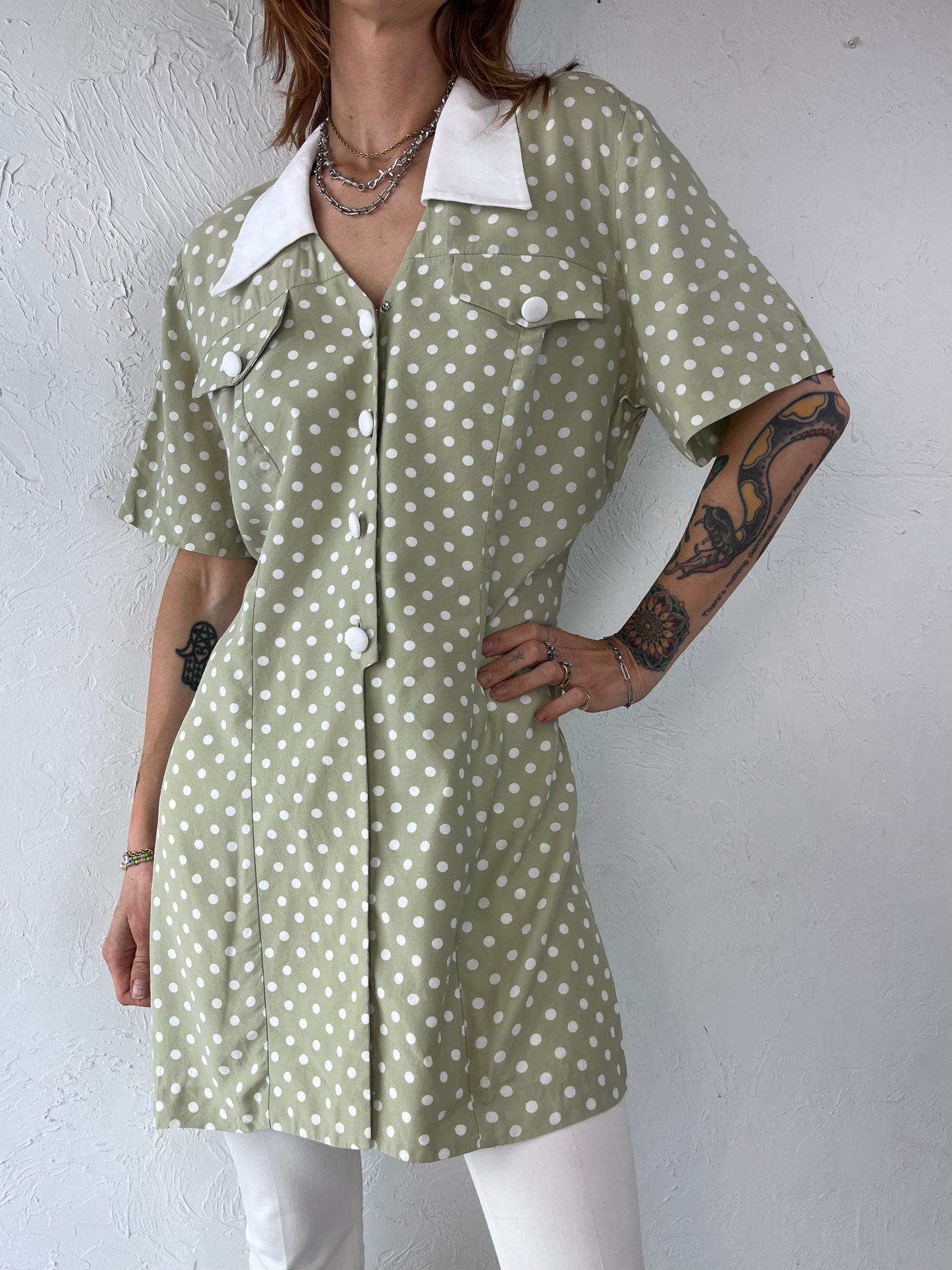 90s 'Mascara' Green Polka Dot Blouse / Large