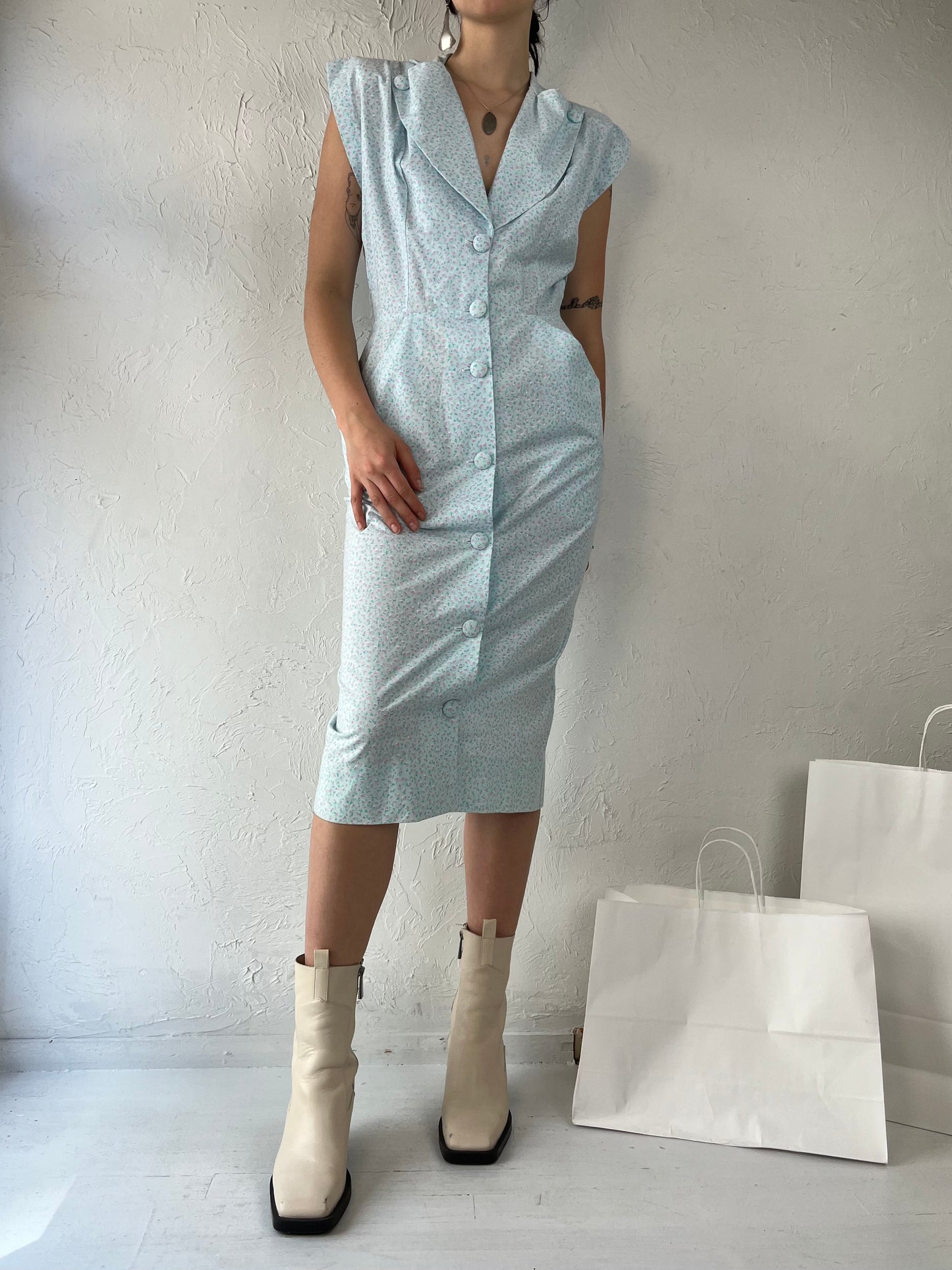80s 'Route 1' Blue Floral Print Sleeveless Dress / Medium