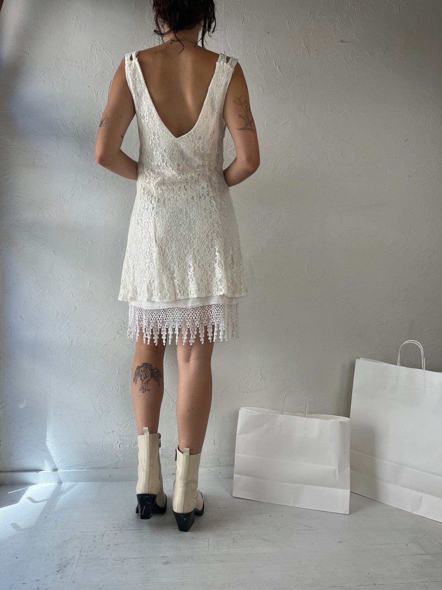 90s White Lacey Sleeveless Mini Dress / Medium