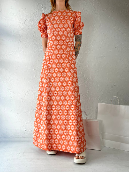 70s Peachy Pink Daisy Short Sleeve Maxi Dress / Small