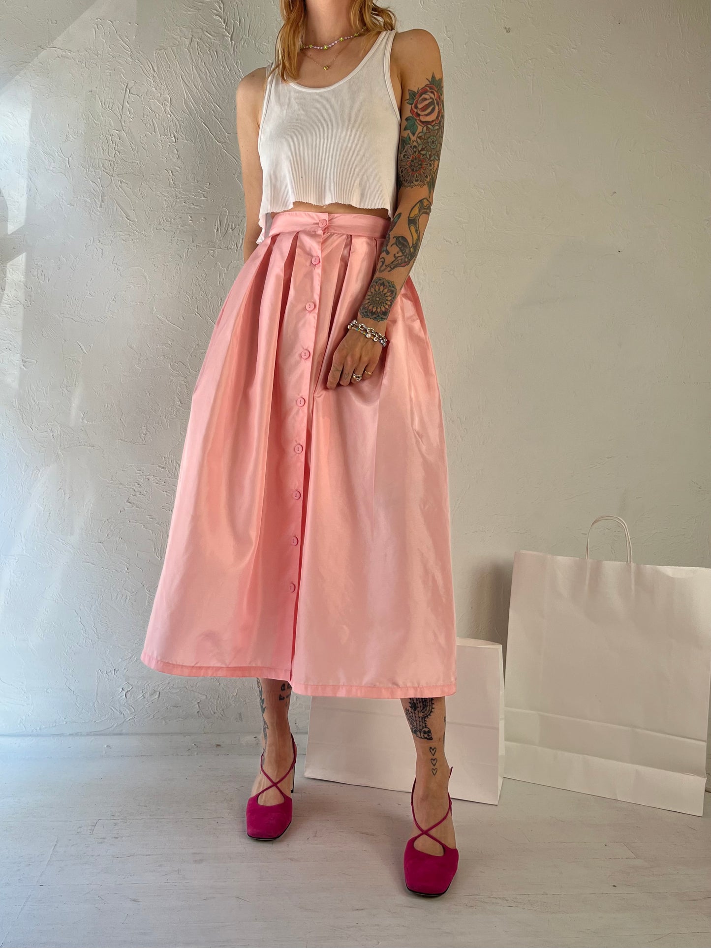 80s 'Santa Cruz' Baby Pink Button Up A Line Skirt / Small