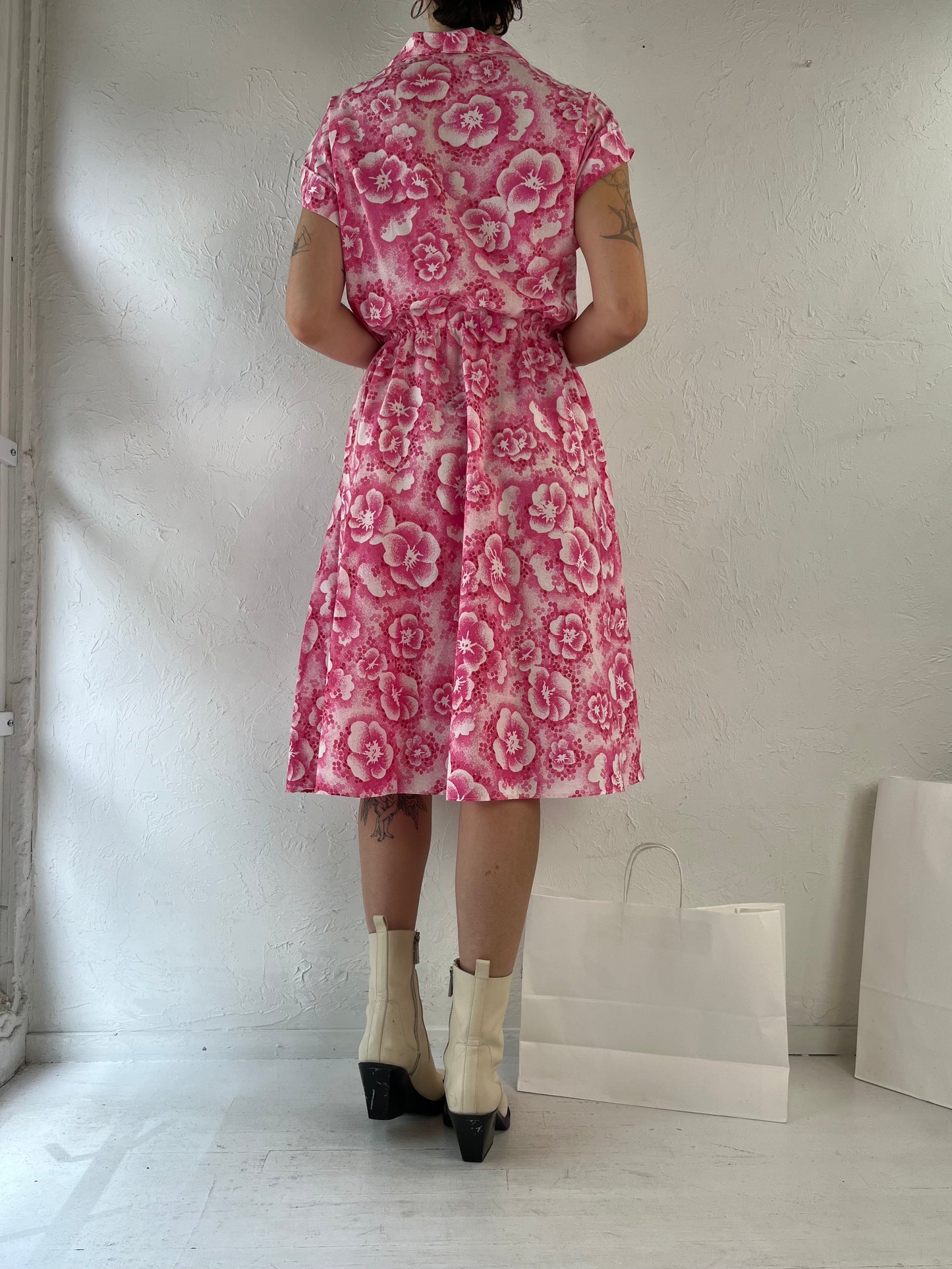 80s 'Fancy Frocks' Pink Floral Collared A Line Dress / Small