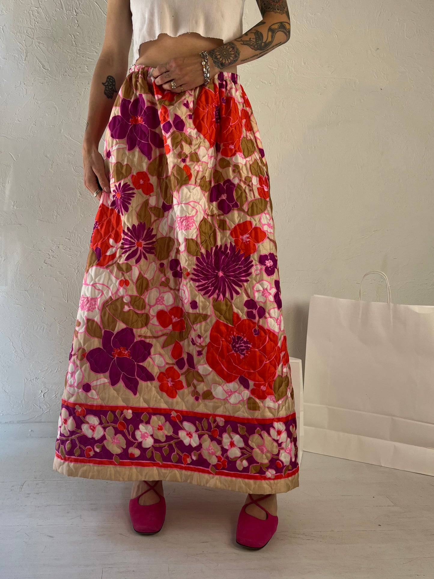 70s Handmade Quilted Floral Maxi Skirt / Small