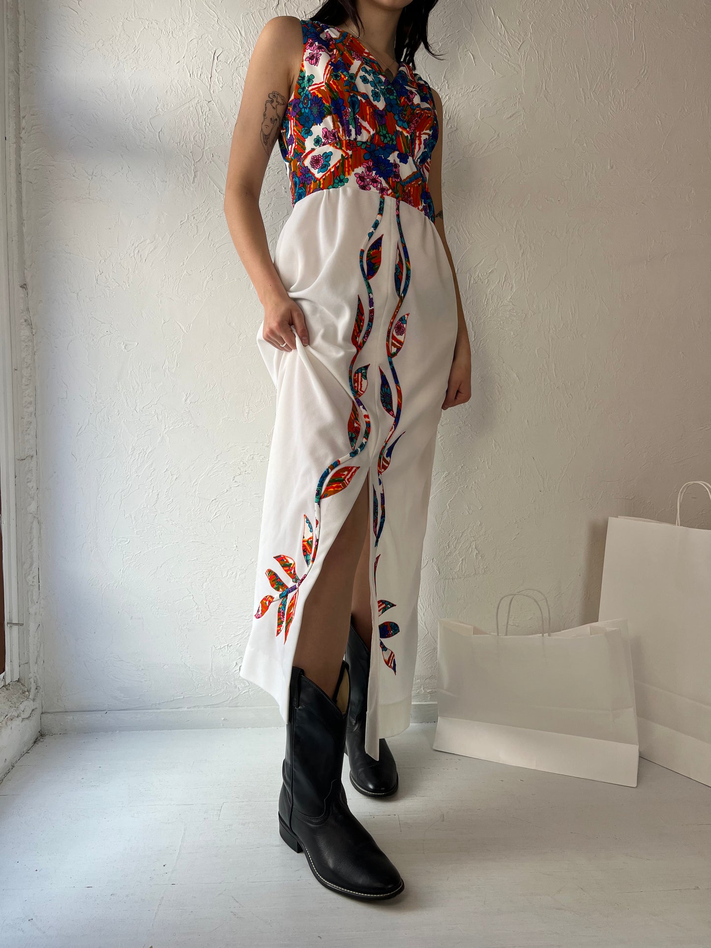 70s 'Gina Rinaldi' White Retro Floral Maxi Dress / Medium
