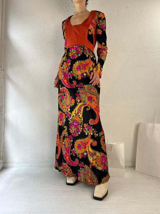 1970s Handmade Retro Floral Print Long Sleeve Maxi Dress / Medium