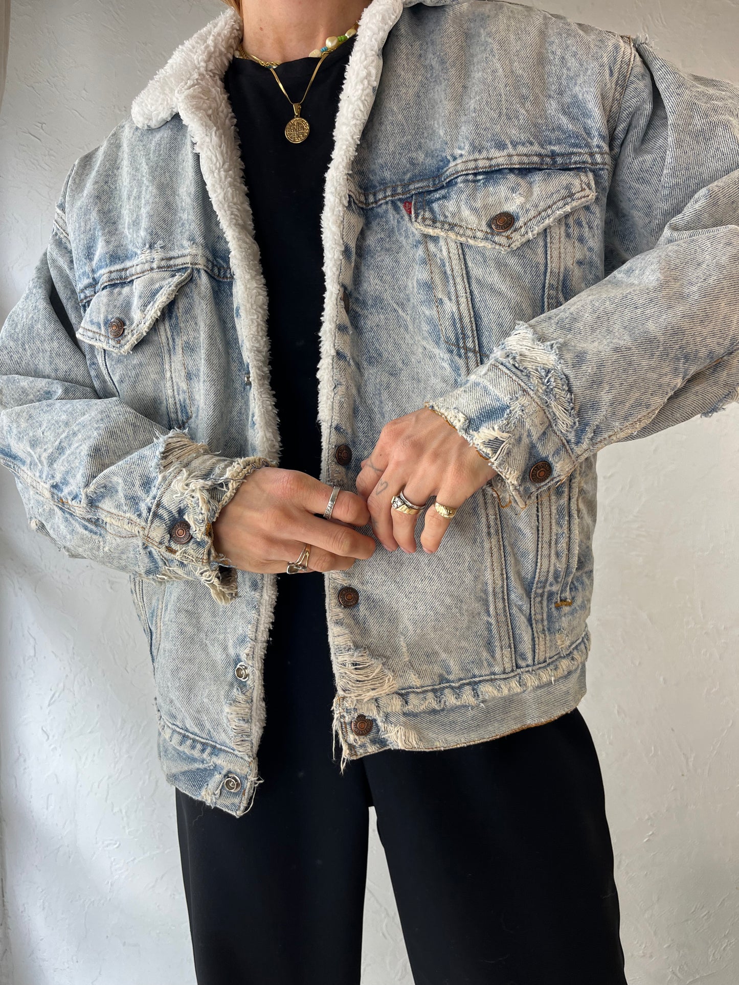 90s 'Levis' Thrashed Faux Shearling Lined Acid Wash Denim Jacket / Small