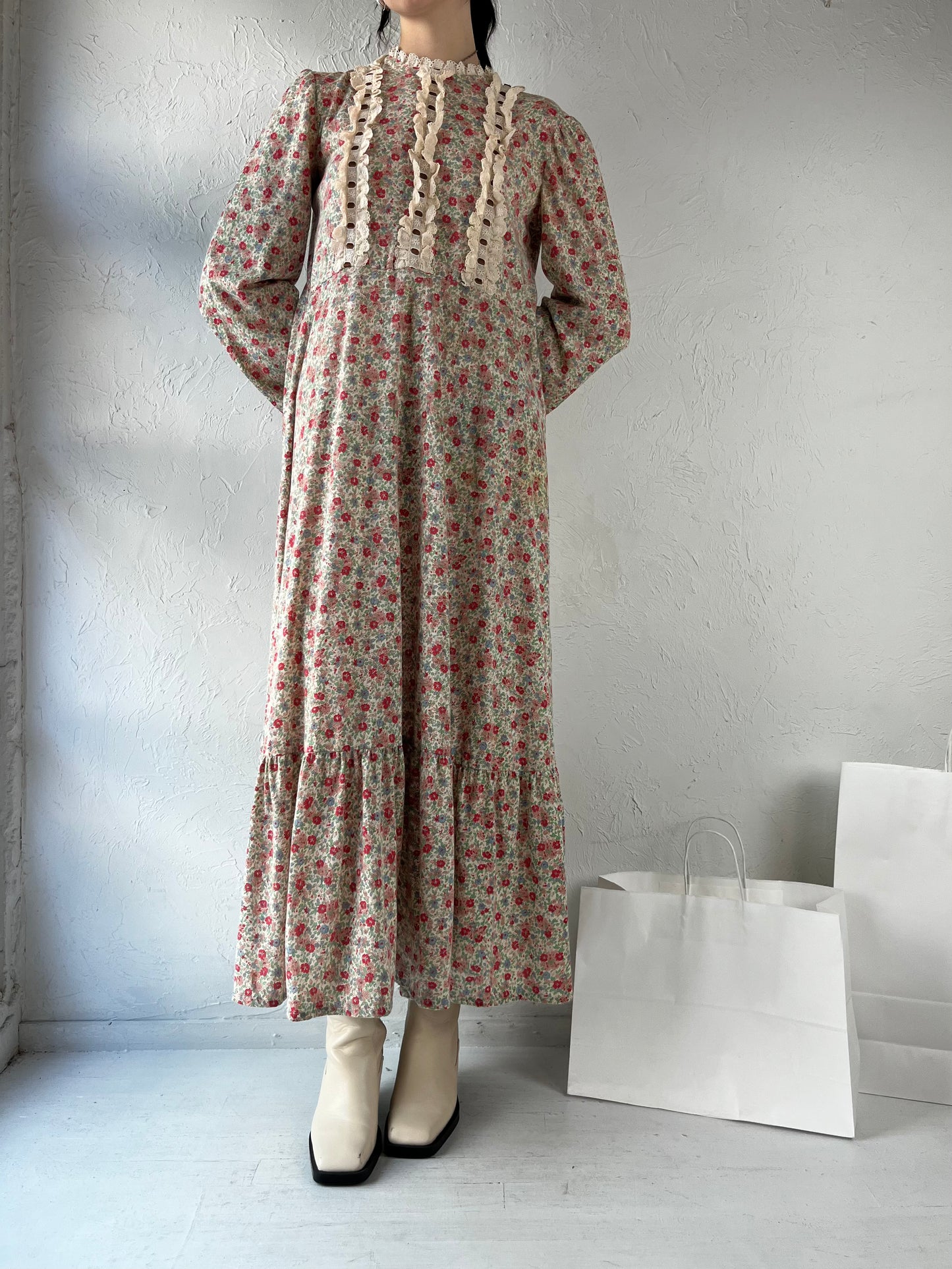 90s Floral Print Long Sleeve Cottage Core Maxi Dress / Small