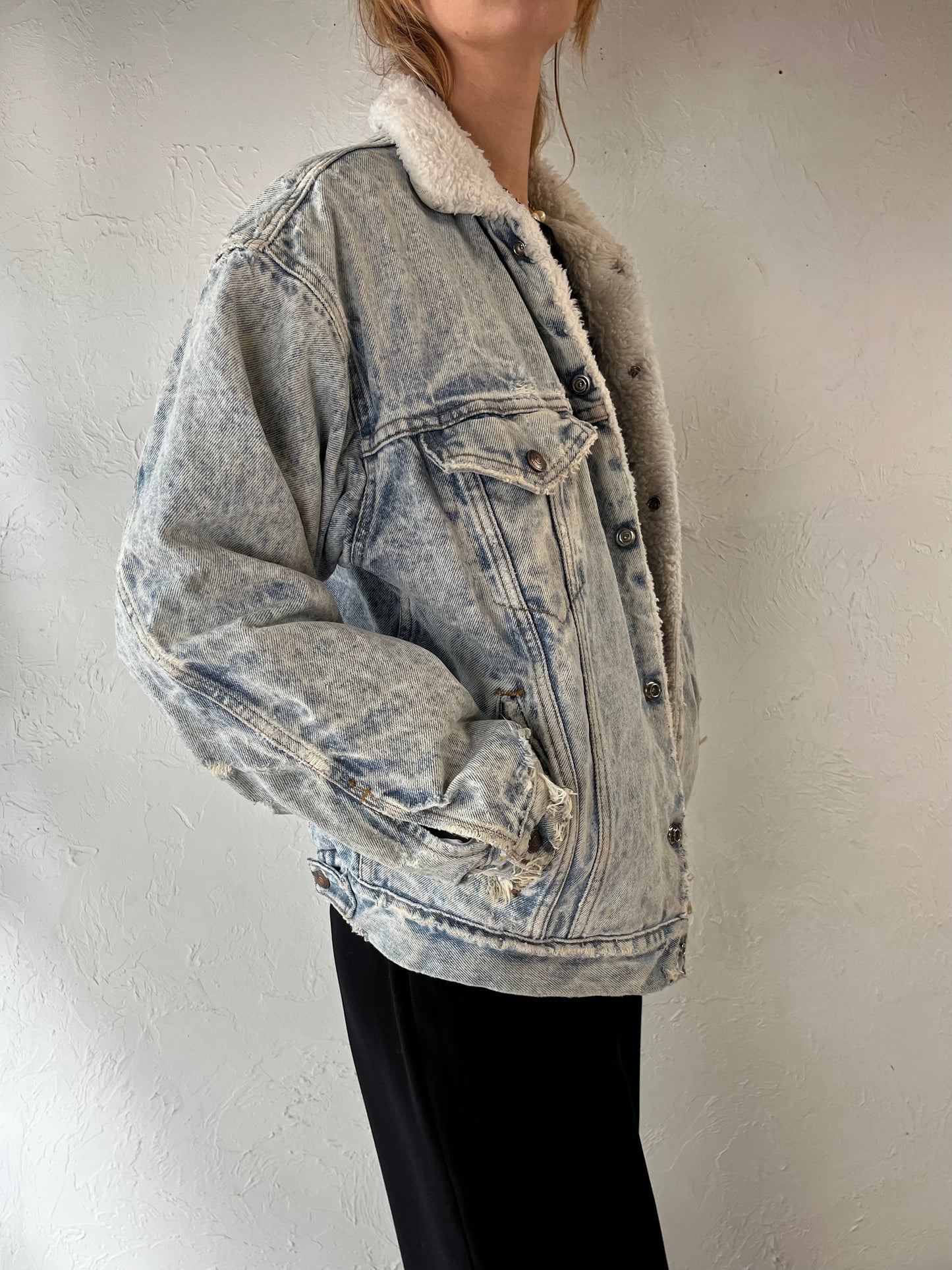 90s 'Levis' Thrashed Faux Shearling Lined Acid Wash Denim Jacket / Small