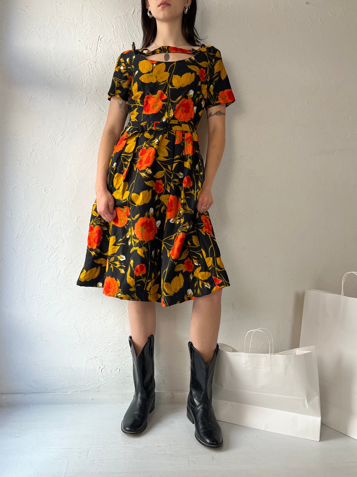 60s 70s 'LL' Black Floral Print Day Dress / Medium