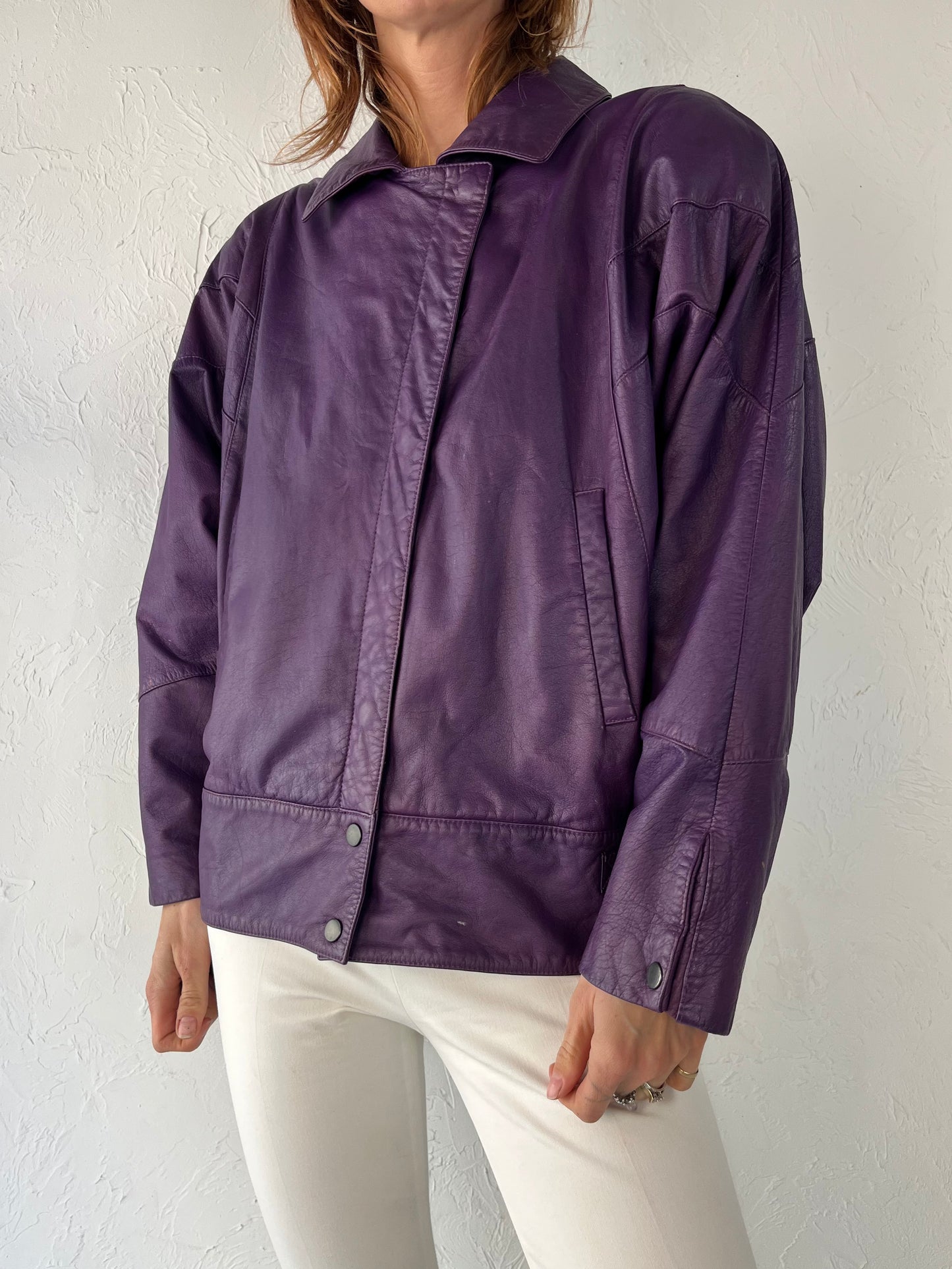 80s 90s 'Adam Douglas' Purple Leather Bomber Jacket / Small