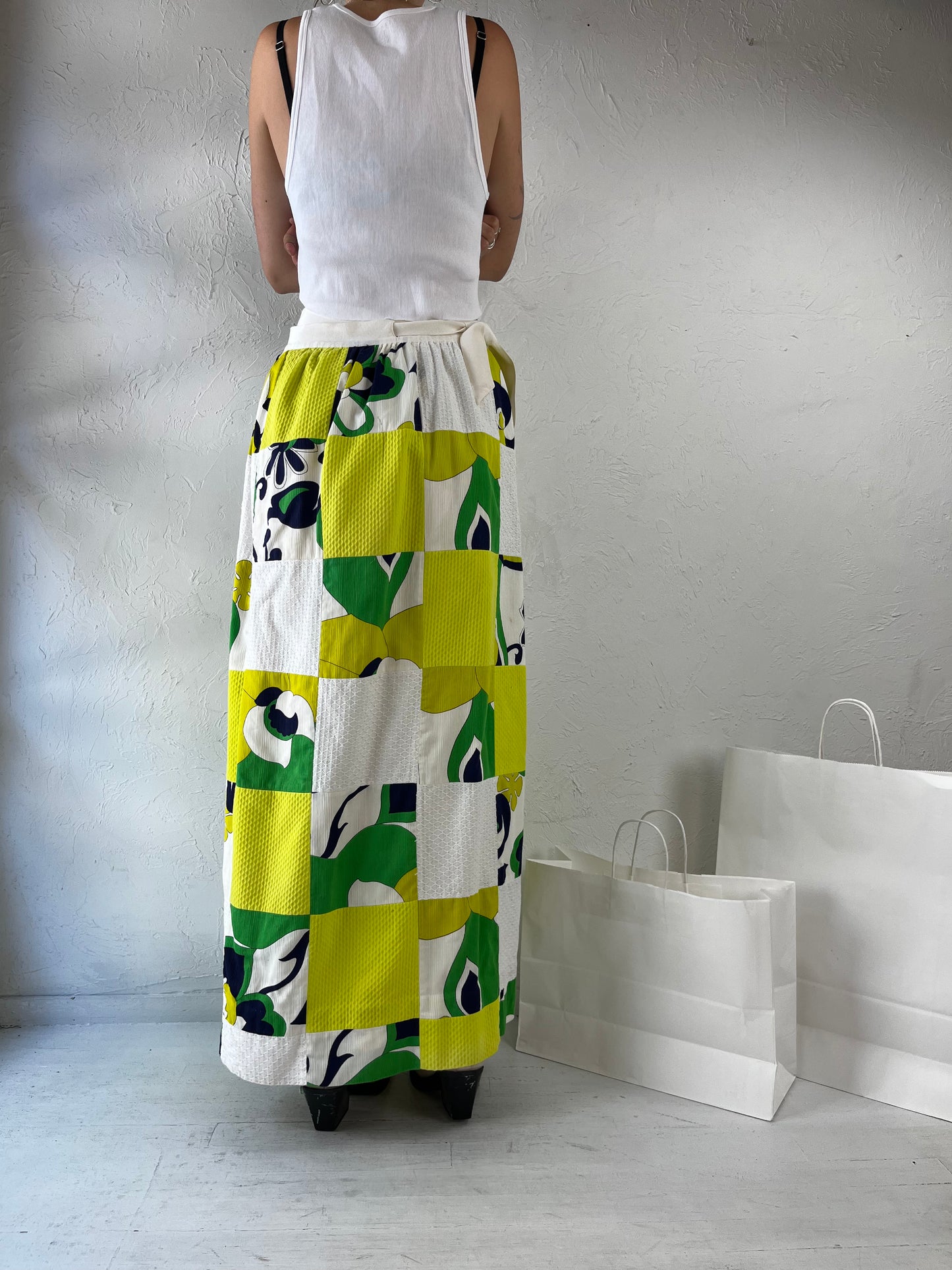 70s Handmade Patchwork Maxi Wrap Skirt / Small