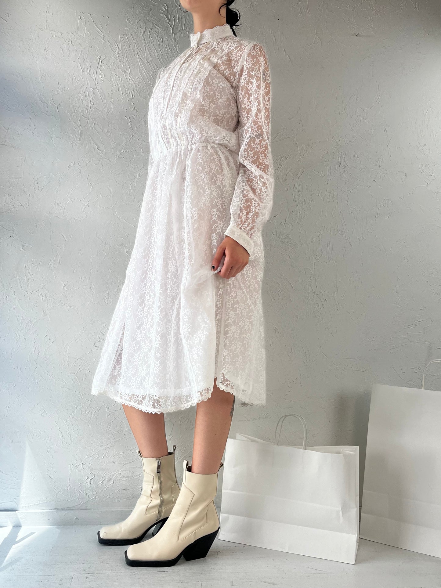 70s 'Pantel' Union Made Lace Long Sleeve Wedding Dress / Small