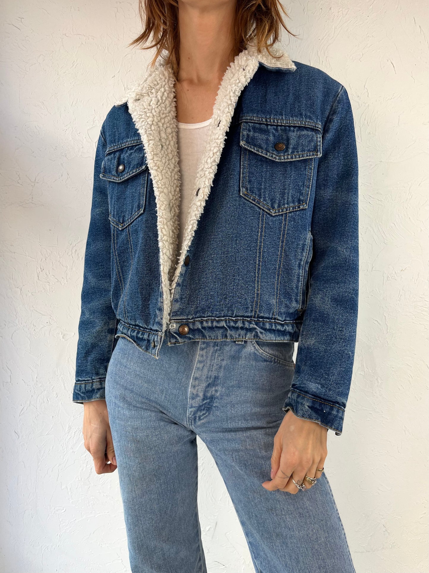 90s 'Essentials' Faux Shearling Lined Cropped Denim Jacket / Small