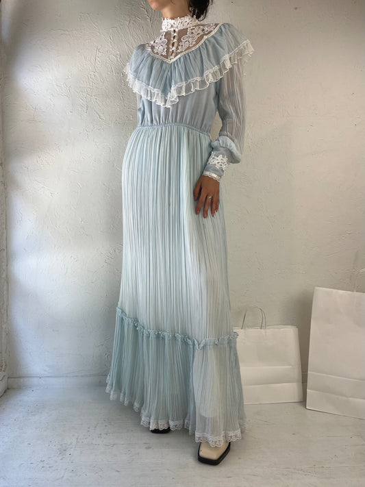 70s 'Gunne Sax' Blue Long Sleeve Lacey Peasant Dress / Medium