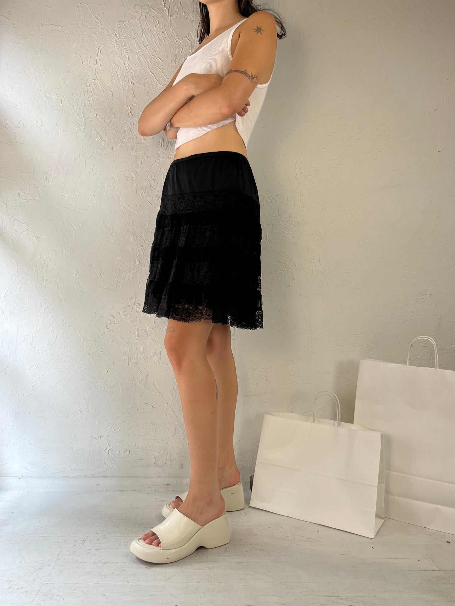 90s 'Caresse Lingerie' Black Lace Ruffle Lingerie Mini Skirt / Medium