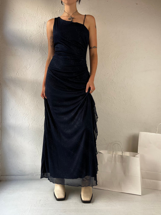 90s 'Jessica' Navy Blue One Shoulder Sparkly Evening Gown / Small - Medium