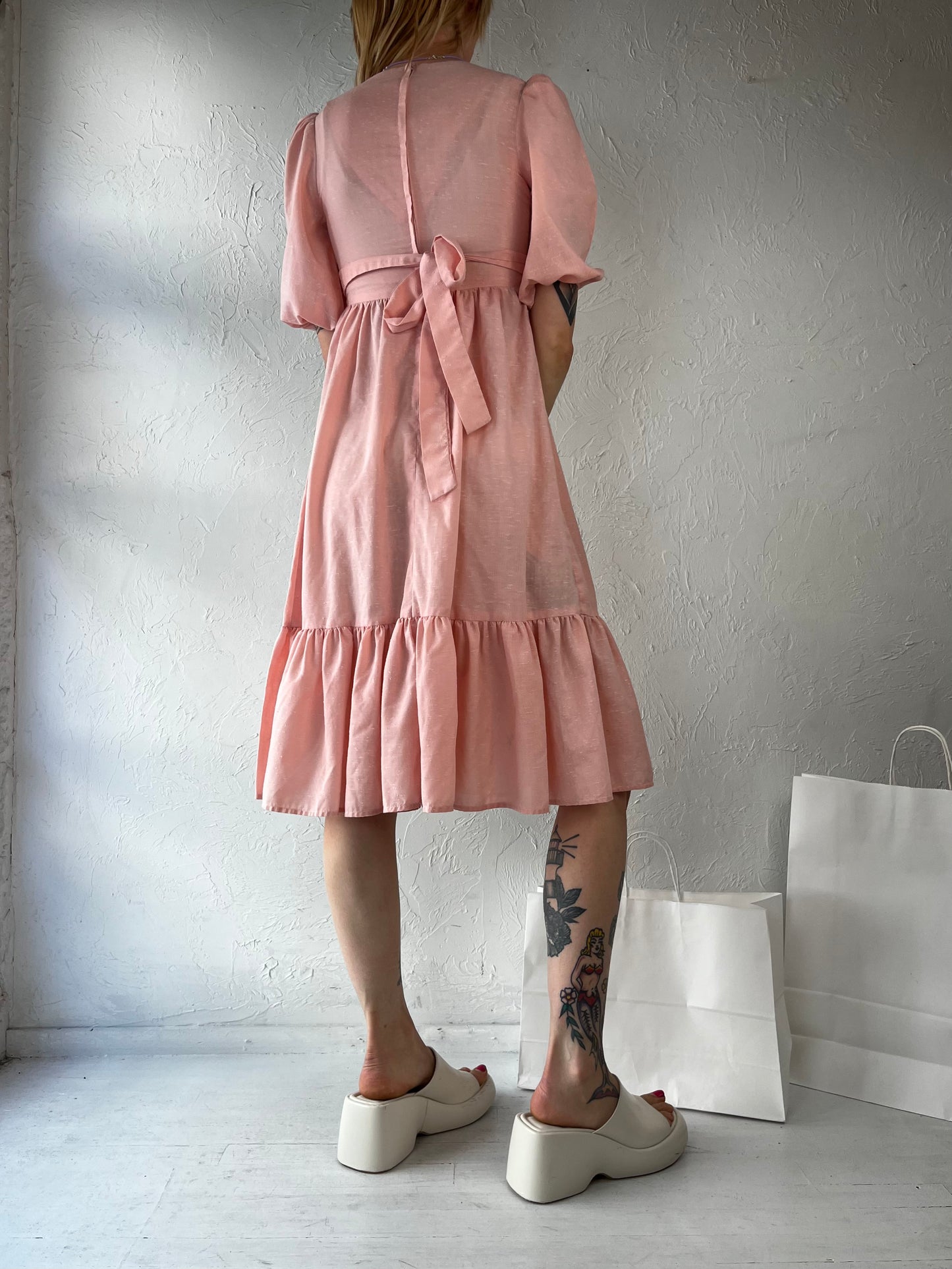70s Pale Pink Mini Peasant Dress / Small