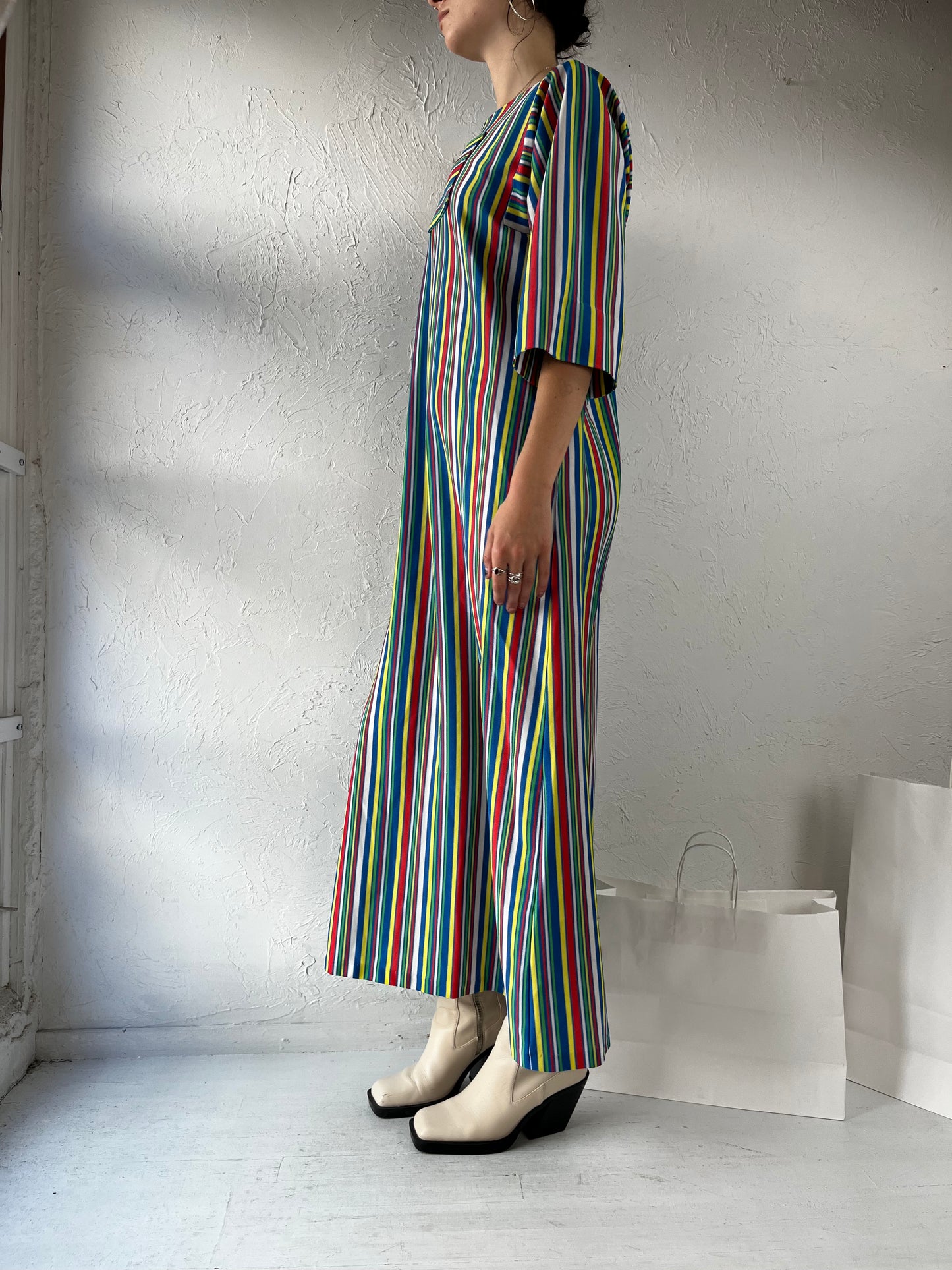 70s Striped Rainbow Mumu Maxi Dress / Small