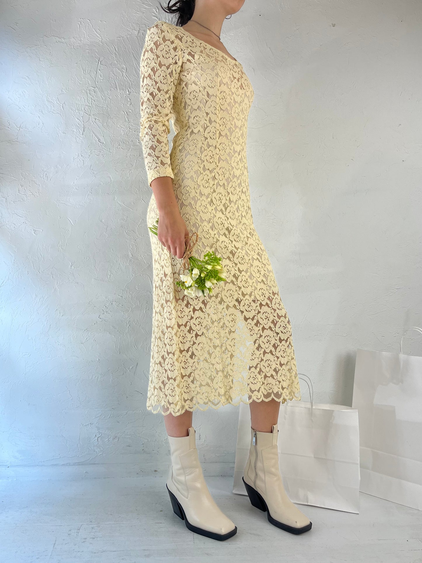 90s Cream Lace Long Sleeve Wedding Midi Dress / Small