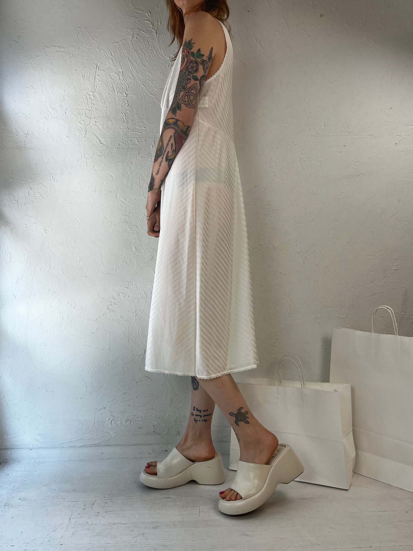 90s 'Kayser' White Nylon Slip Dress / Medium