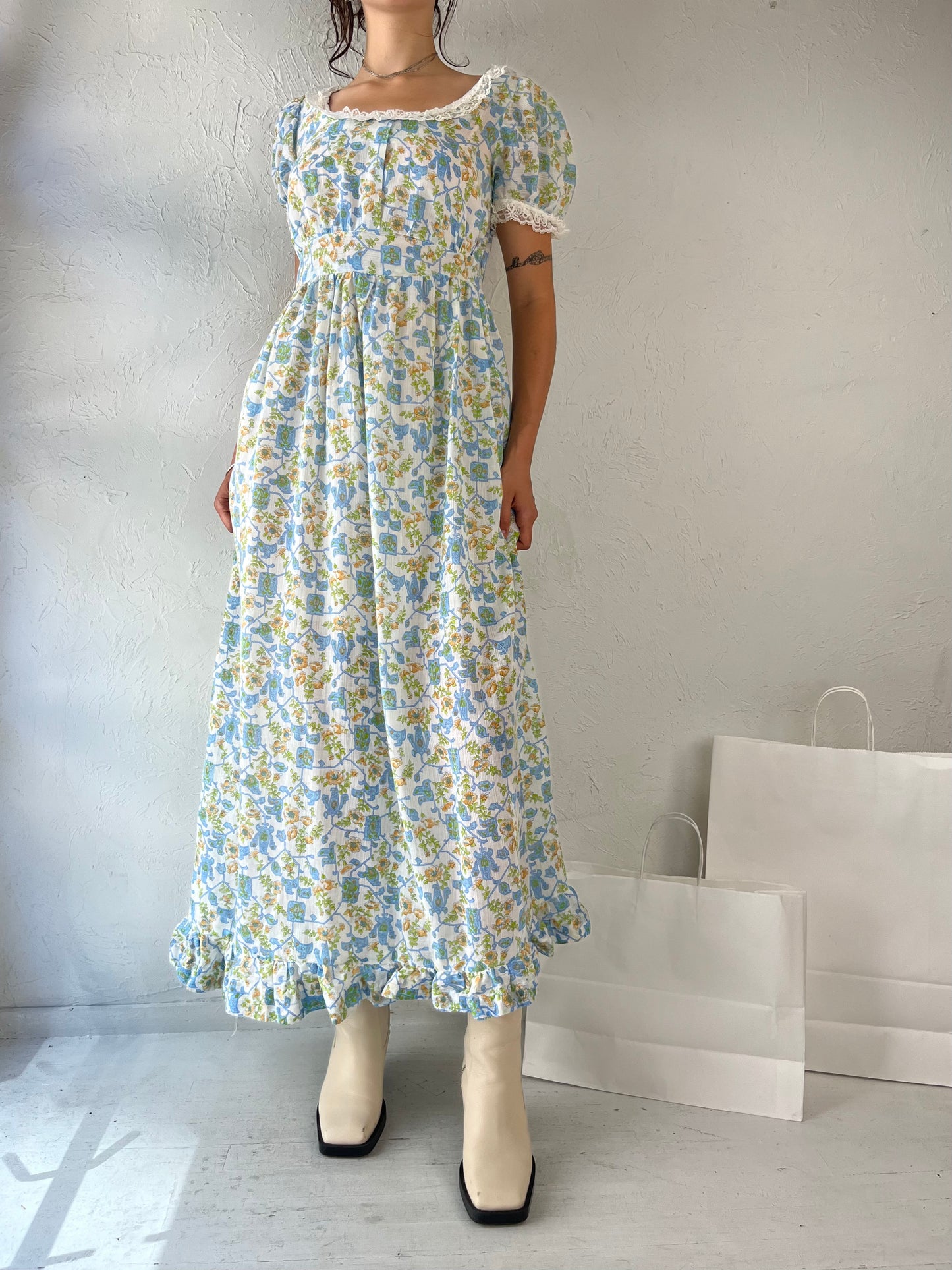 70s Handmade Blue Puff Sleeve Peasant Dress / Small - Medium