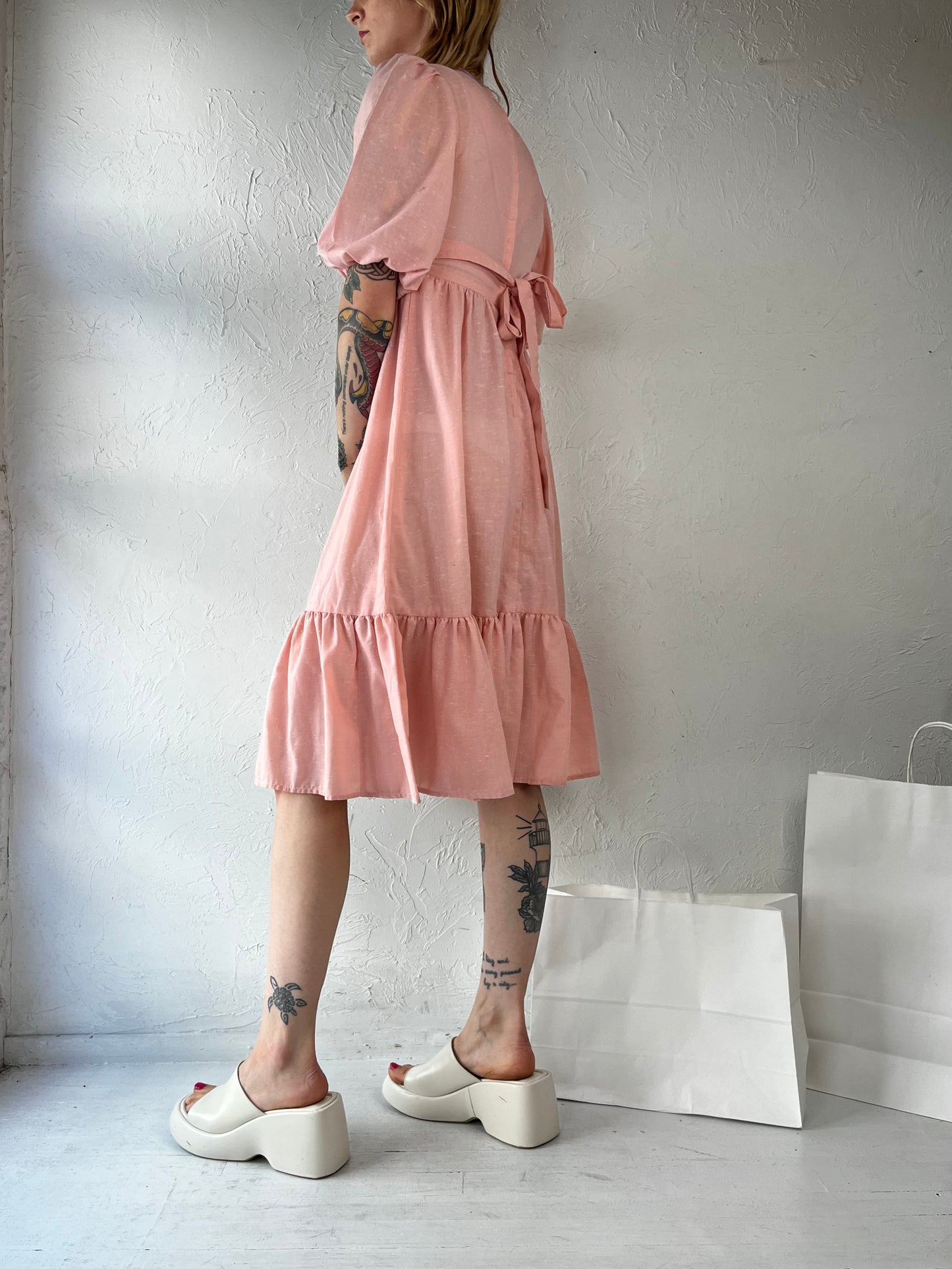 70s Pale Pink Mini Peasant Dress / Small