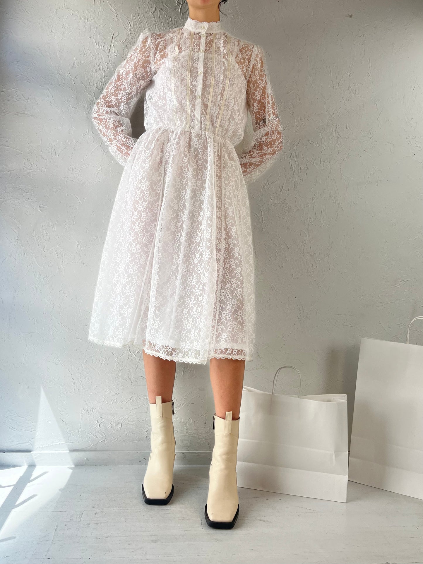 70s 'Pantel' Union Made Lace Long Sleeve Wedding Dress / Small