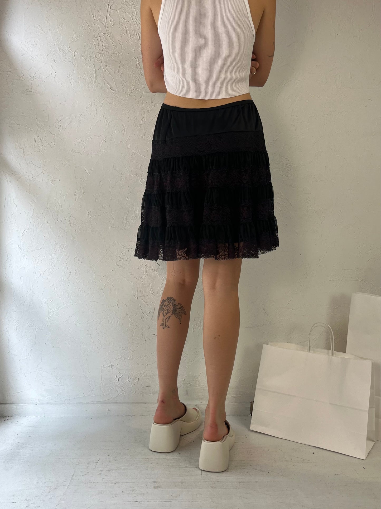 90s 'Caresse Lingerie' Black Lace Ruffle Lingerie Mini Skirt / Medium