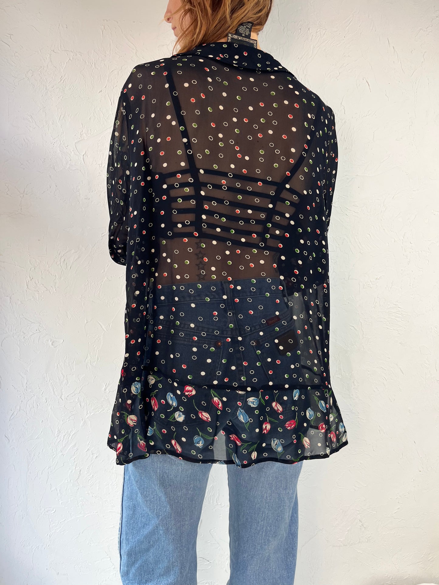 90s 'April Cornell' Black Sheer Rayon Blouse / Medium