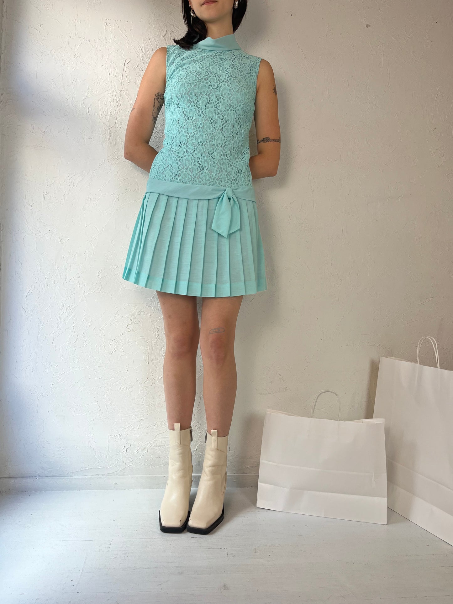 70s Blue Lace Drop Waist Mini Dress / Small