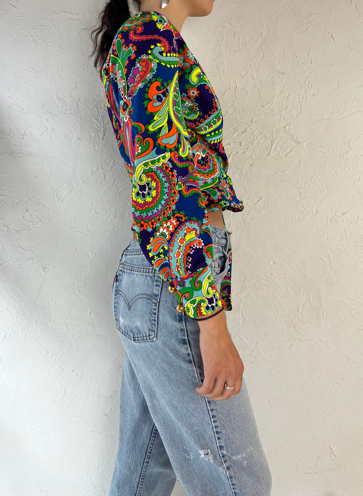 70s 'Diamond Tea Gour' Trippy Rainbow Floral Tie Top / Medium