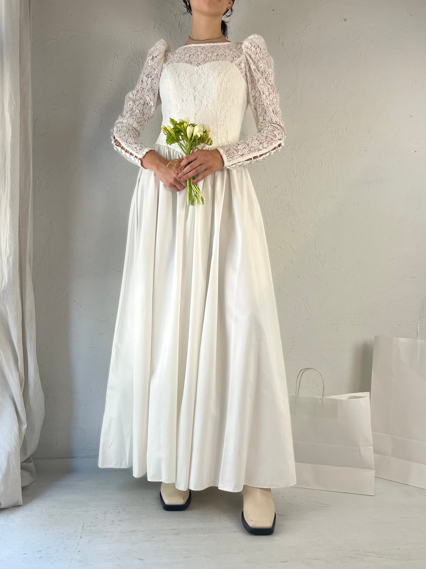 90s 'Laura Ashley' White Cotton Wedding Dress / Medium