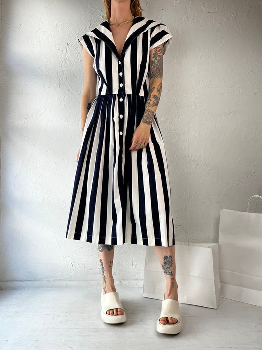 80s Navy Blue and White Striped Sailor Midi Dress / Small - Medium