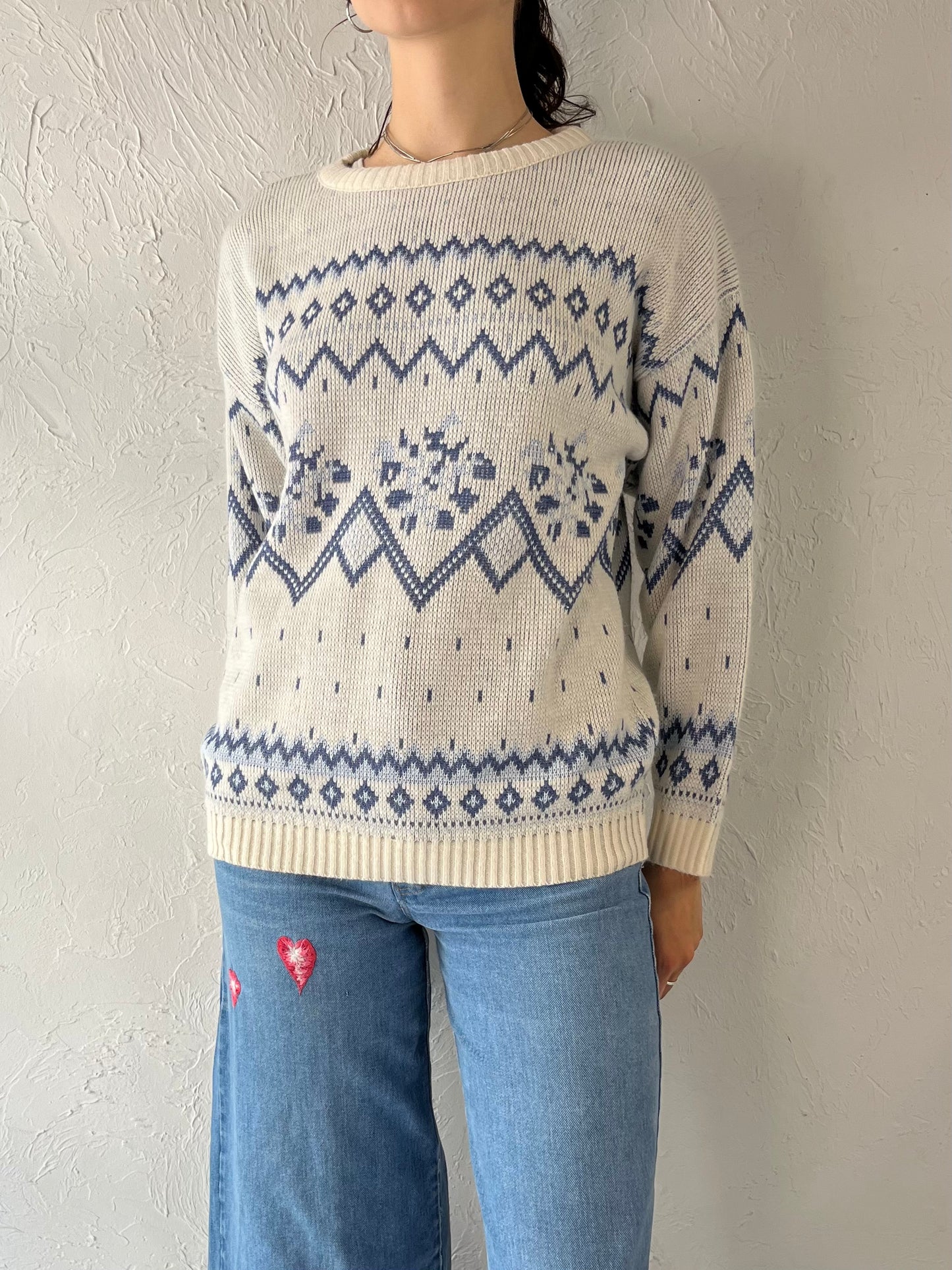 90s Blue and White Knit Ski Sweater / Medium