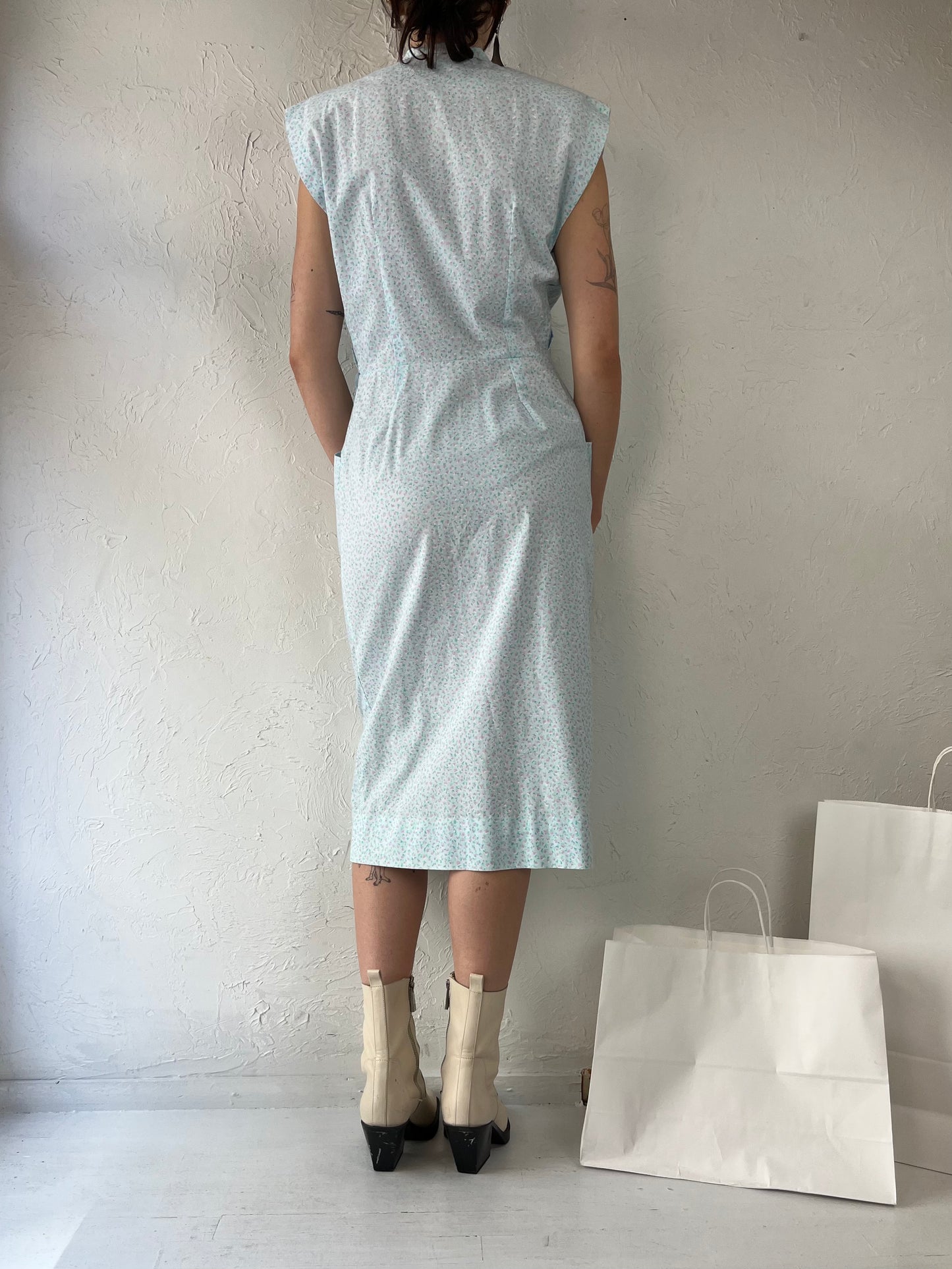 80s 'Route 1' Blue Floral Print Sleeveless Dress / Medium