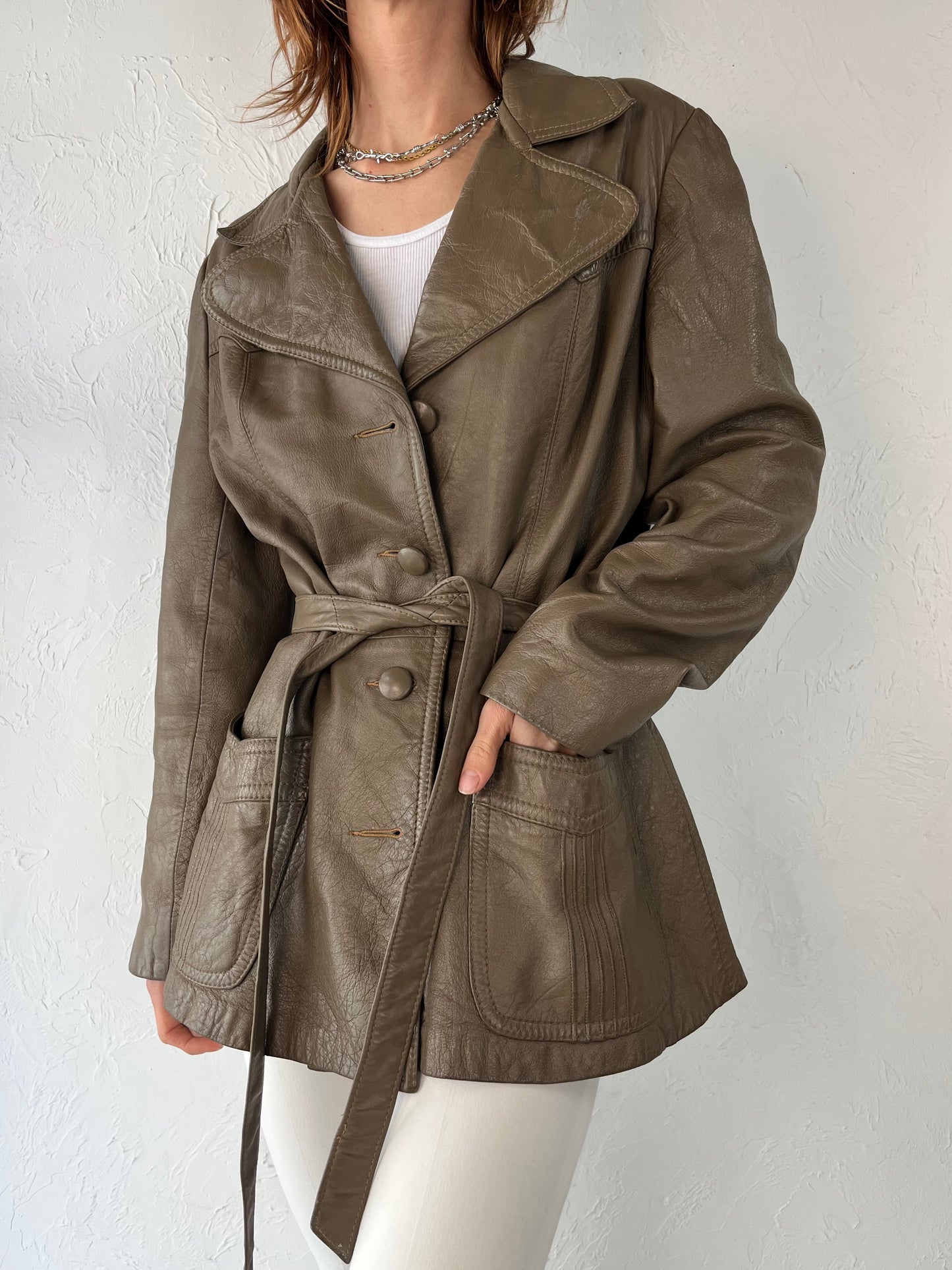 90s Brown Leather Half Trench Jacket / Medium