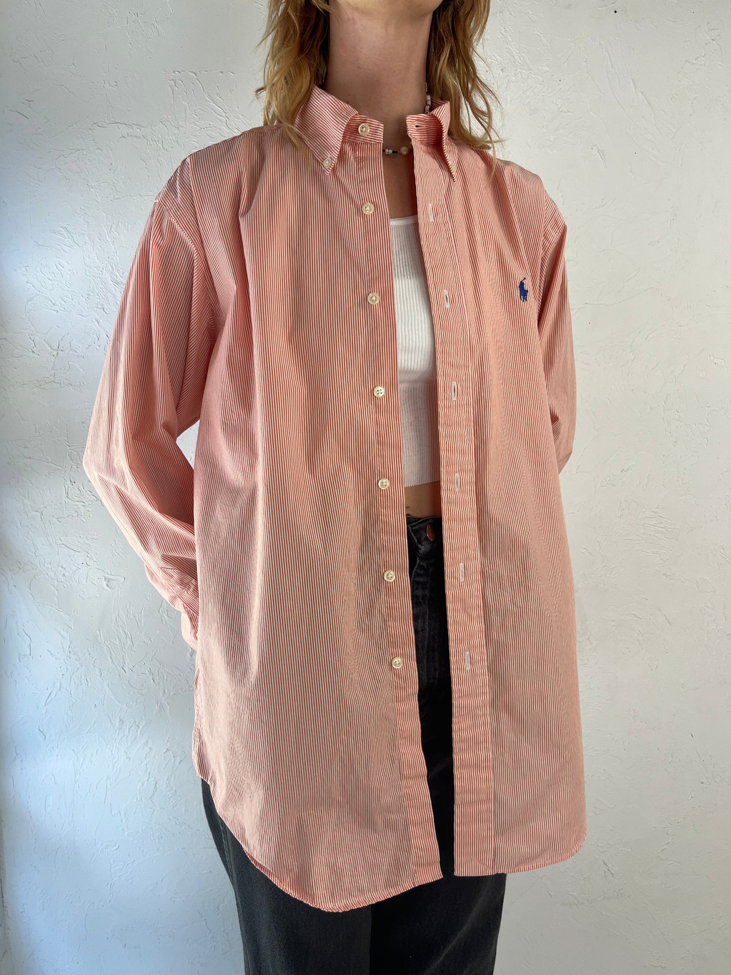 Y2K 'Ralph Lauren' Pink Striped Button Up Cotton Mens Dress Shirt / Large