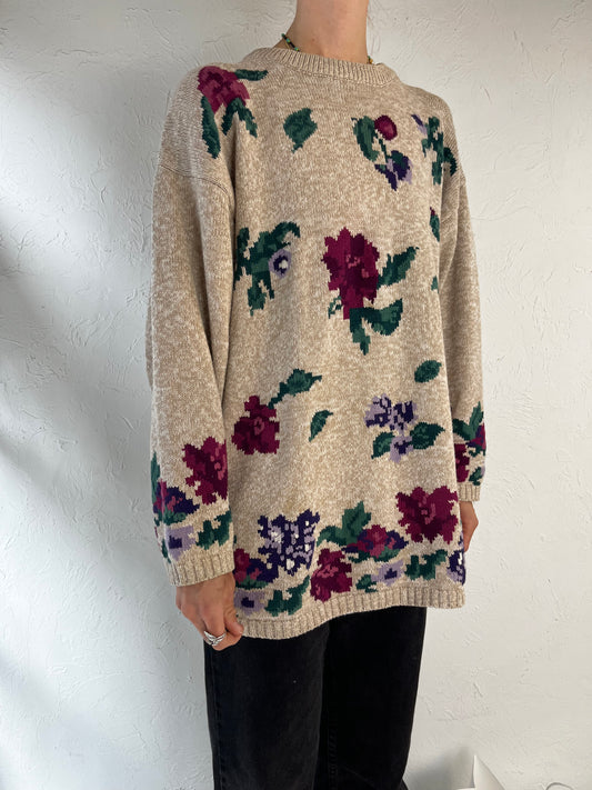 90s 'Northern Reflections' Floral Cotton Knit Sweater / Large