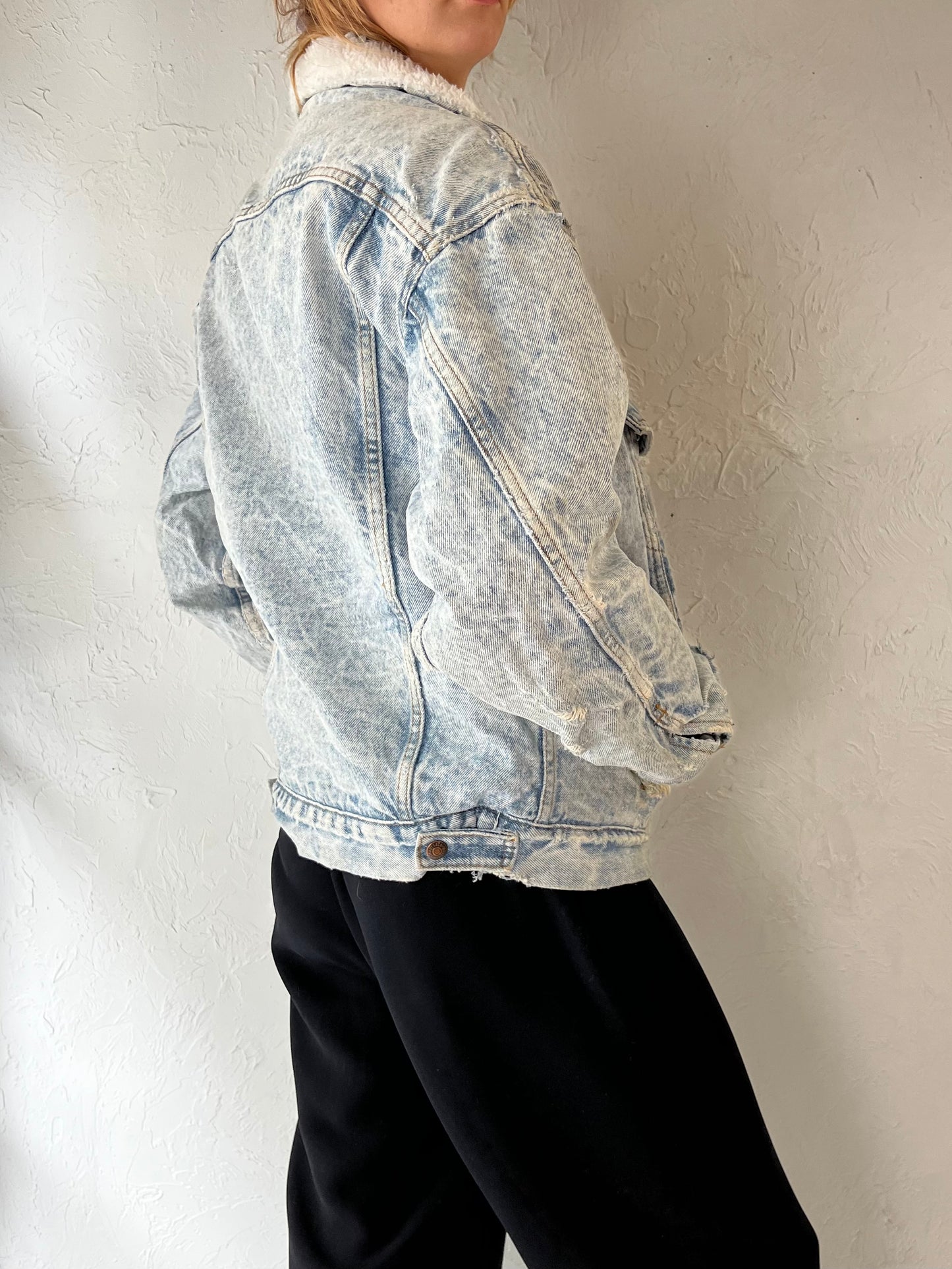90s 'Levis' Thrashed Faux Shearling Lined Acid Wash Denim Jacket / Small